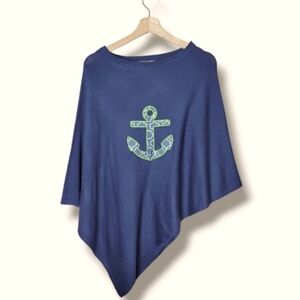 Top It Off Knit Poncho Anchor Nautical Preppy Cape Sweater Wrap One Size NWT